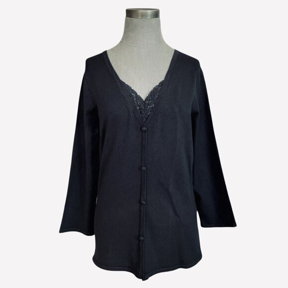 Geoffrey Beene Black Silk Stretch V-Neck Sweater Lace Trim Button Front Top M - Picture 5 of 6